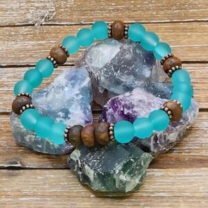 Light Teal Cultured Sea Glass, Toffee Bronzite and Copper Beaded Bracelet